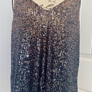 Trina Turk sequin top - navy blue and rose gold sequins
